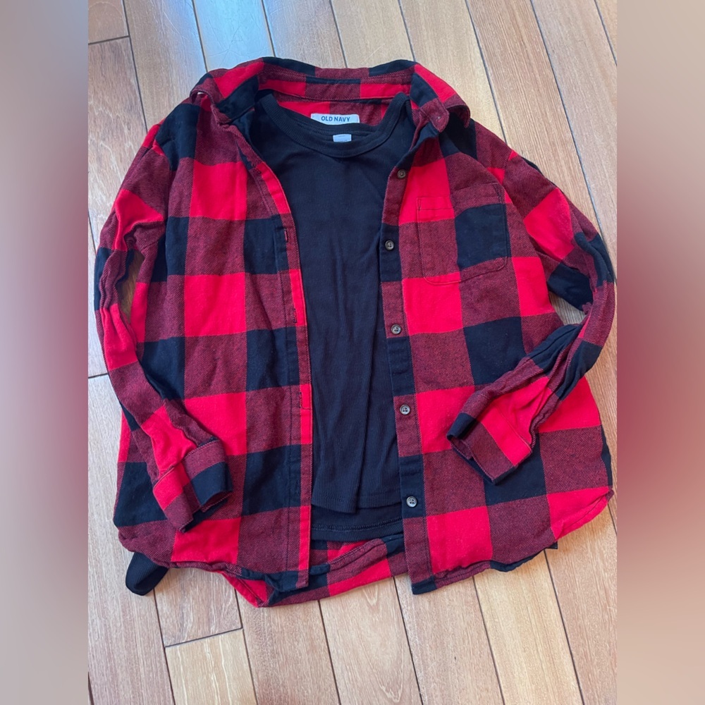 Girls Old Navy Size Large Red and Black Flannel with Coordinating Black Top